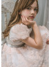Short Sleeves Pink Dotted Tulle V Back Flower Girl Dress
